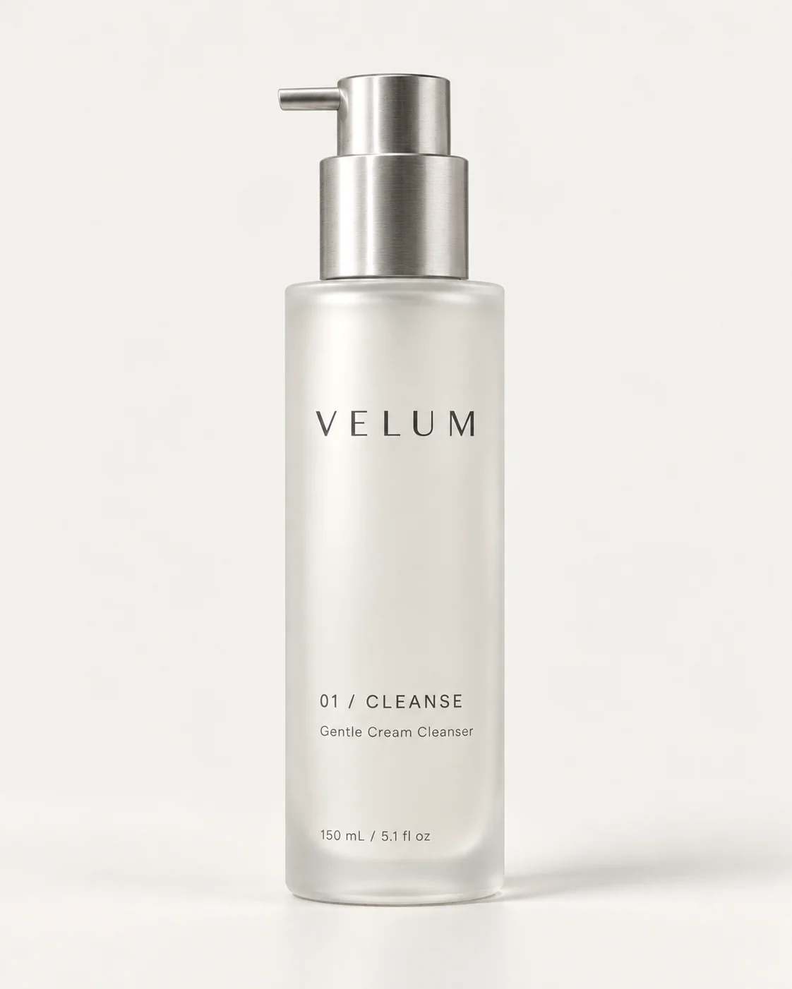 VELUM CLEANSE frosted glass bottle with a brushed aluminum pump