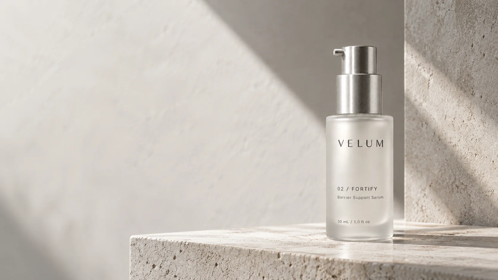 VELUM FORTIFY on pale architectural stone, illuminated by directional daylight